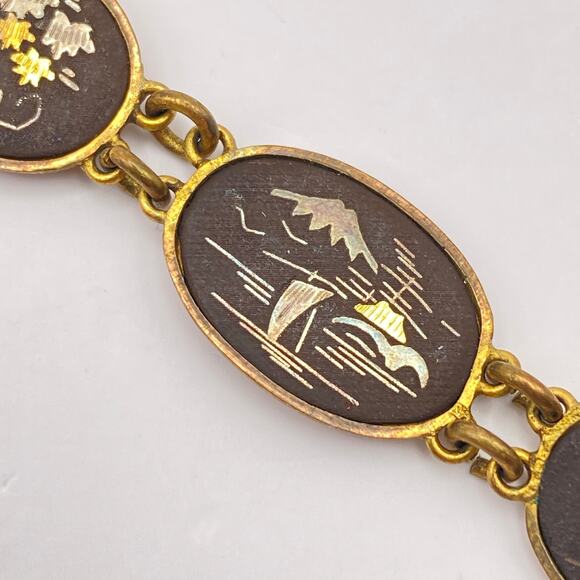 Signed JAPAN Bracelet Vge Japanese Damascene Nature Scenes 1950s Black Gold Tone - Picture 9 of 16